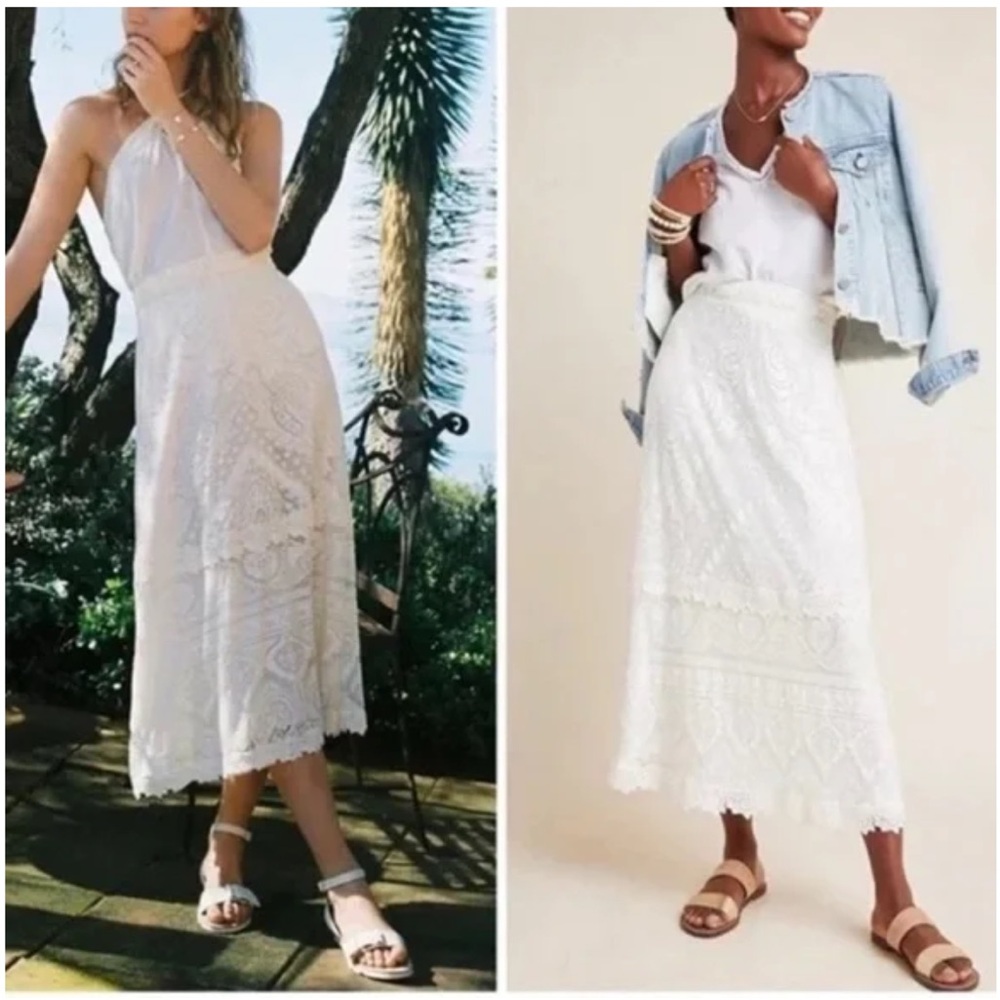 FARM Rio White Lace Midi Skirt